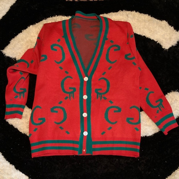 designer inspired Sweaters - NEW! GG Red and Green Cardigan with Logo Design